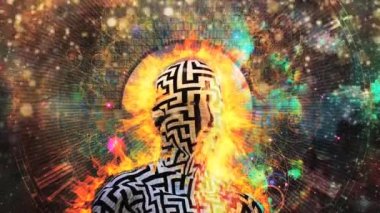 Sonsuzluk boyunca. Melekler uzayda süzülür. Başında ateş çemberi olan bir adam.