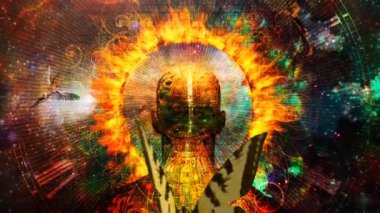 Yanan aura. Alevli halesi ve kelebeği olan bir adam.