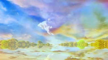 Su adaları ufkunda bulutlar. Yeşil ağaçlar