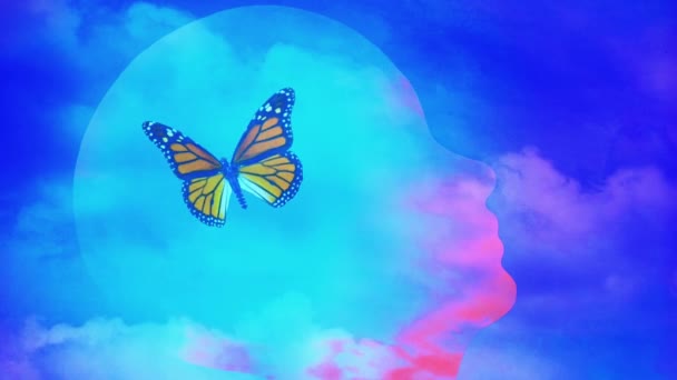 Silueta Cabeza Humana Mariposa Cielo — Vídeos de Stock