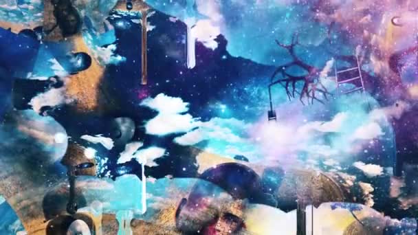 Mužské Hlavy Odlišnými Myšlenkami Žárovka Větvi Stromu Surrealistický Sen — Stock video