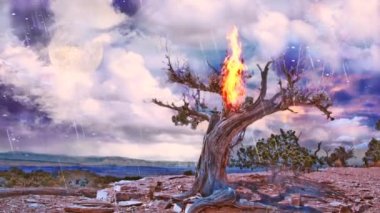 Kurak kayalıklarda yaşlı ağaçları yakmak. Ufuktaki kanyon