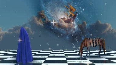 Derin hayal gücü sahnesi. Bulutlardaki yelkenli. Çizgili at ve insan figürü üzerinde kelebek olan mavi kumaşla kaplı.