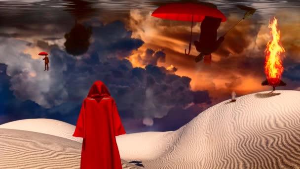 Figuur Rode Mantel Staat Woestijn Man Drijft Een Rode Paraplu — Stockvideo
