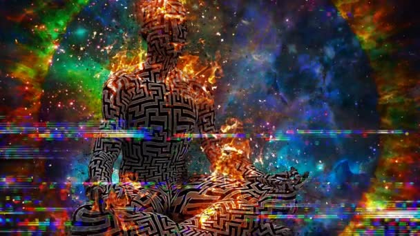 Flammande Meditation Man Lotusställning — Stockvideo