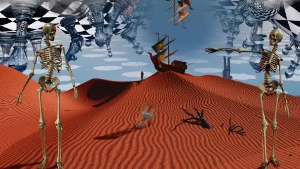 超现实的沙漠与棋盘和数字 古老的船在天空中 骷髅沙漏和干枝 人影在远方 古船在沙丘上 — 图库视频影像