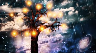 Tree of Light and Stars in Blue Sky. Animated video