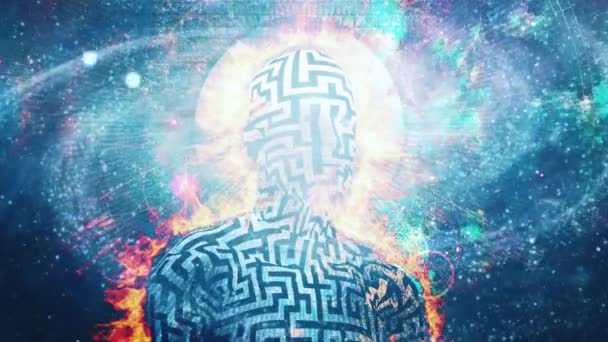 Burning Figure Man Maze Pattern Lotus Pose Vivid Universe Background — Vídeos de Stock