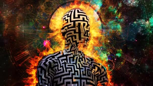 Brennender Mann Mit Labyrinth Muster Zifferblatt Und Hintergrund Des Universums — Stockvideo