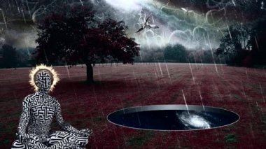 Adam nilüfer çiçeği pozuyla meditasyon yapıyor. Gerçeküstü manzara