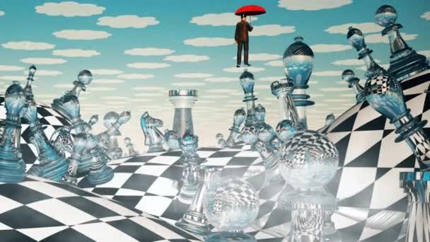 本物のチェスの風景とホバリング男とともに赤い傘 — ストック動画