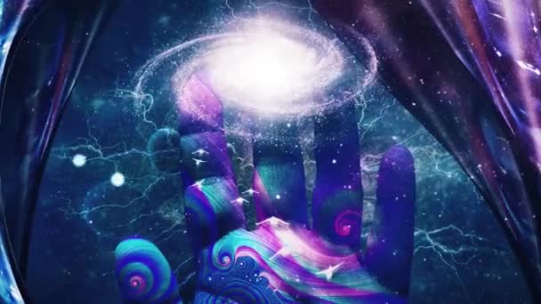 Geistliche Komposition Die Hand Des Machers Menschliche Handfläche Und Galaxie — Stockvideo