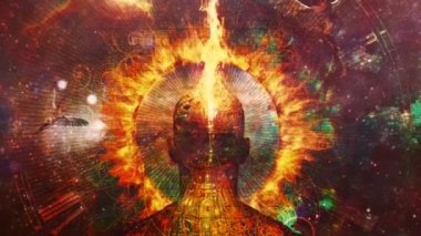 Time mystery. Man with burning halo angels flies in vivid space