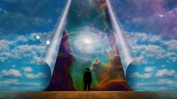 Hombre Revela Galaxia Paisaje Surrealista — Vídeos de Stock