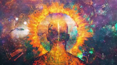 Time mystery. Man with burning halo. Animated video