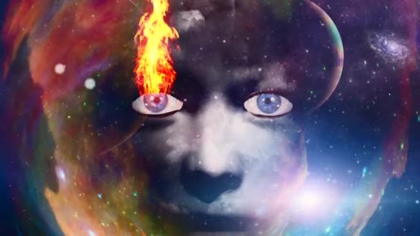 Woman Face Fire Colorful Space Animated Video — Stockvideo
