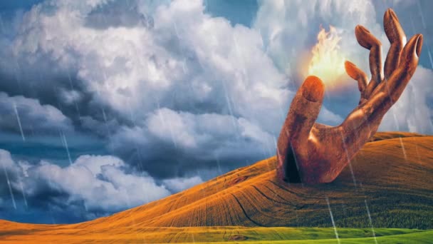 Ręka Wstrzymuje Ogień Surrealistycznej Scenie Animowane Wideo — Wideo stockowe