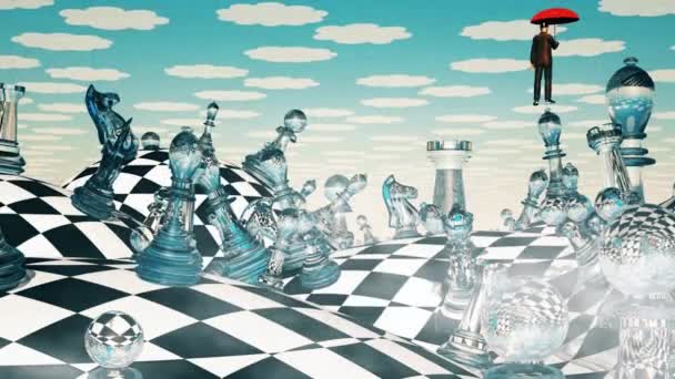 Surreal Chess Landscape Hovering Man Red Umbrella — Stock Video