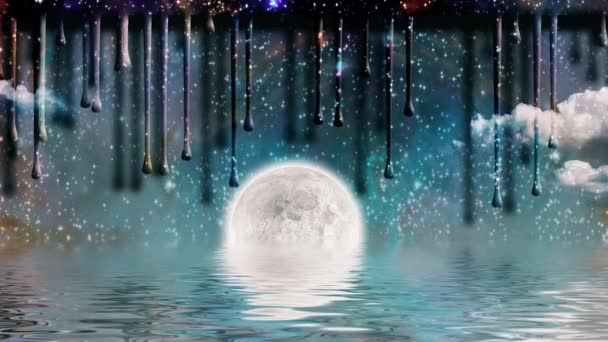 超現実世界で月の上昇 星はペンキの滴のように落ちる — ストック動画