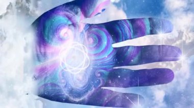 Atom modeli insan elinde. Animasyon. Yüksek kaliteli FullHD görüntüler