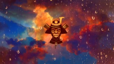 Samurai head in colorful sky