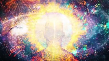 Through eternity. Angels soars in space. Man with ring of fire around head