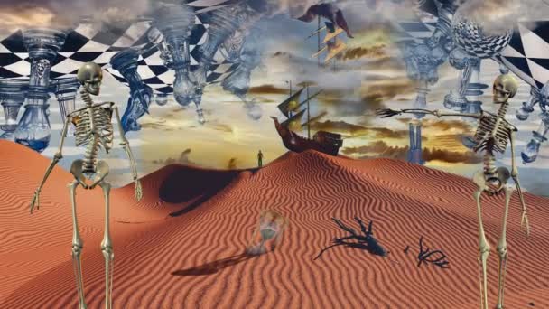 チェスボードやフィギュアと超現実的な砂漠 空の古代の船 — ストック動画