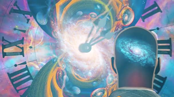 Zaman Sanatı Mistik Fraktal Saat Yüzlü Galaksi Insan Kafasının Içinde — Stok video