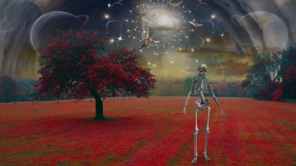 Esqueleto Paisaje Surrealista Los Ángeles Vuelan Cielo — Vídeos de Stock
