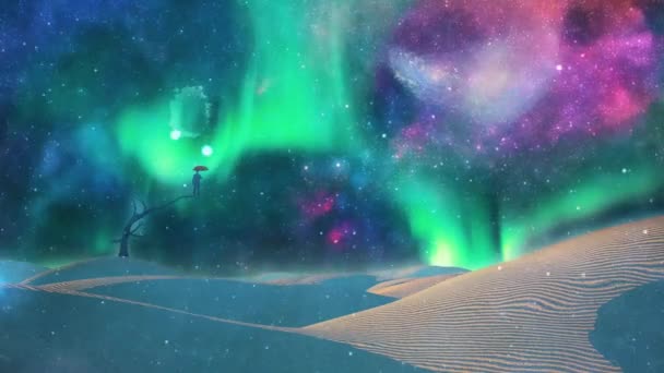 Surrealista Desierto Blanco Galaxias Cielo Hombre Con Paraguas Rojo Para — Vídeo de stock