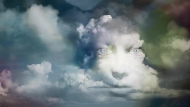 Лицо Таинственной Женщины Облачном Небе Мультфильм — стоковое видео
