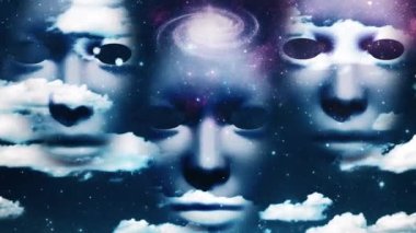 Animasyon Gerçeküstü yüzler bulutların arasında yüzer