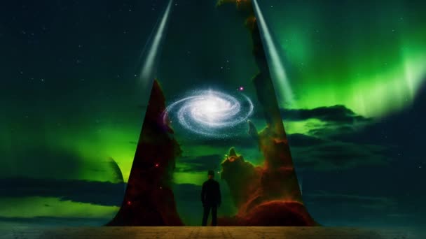 Hombre Revela Galaxia Paisaje Surrealista — Vídeo de stock