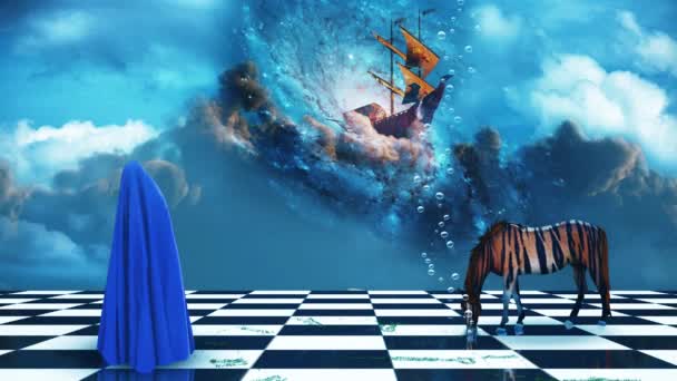 深い想像力のシーン 雲の中の帆船 馬と人間の姿を上に蝶と青い布で覆われて — ストック動画