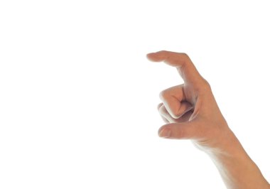 Görünmez nesneleri ölçen kadın eli, beyaz izole edilmiş arka planda az miktarda bir şey gösterirken kadının avuç içi hareketi,