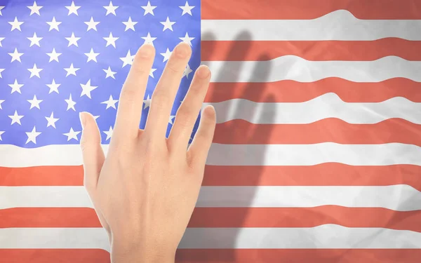 Woman Hand Background National Flag America Raised Hand Gesture Background — Stock Photo, Image