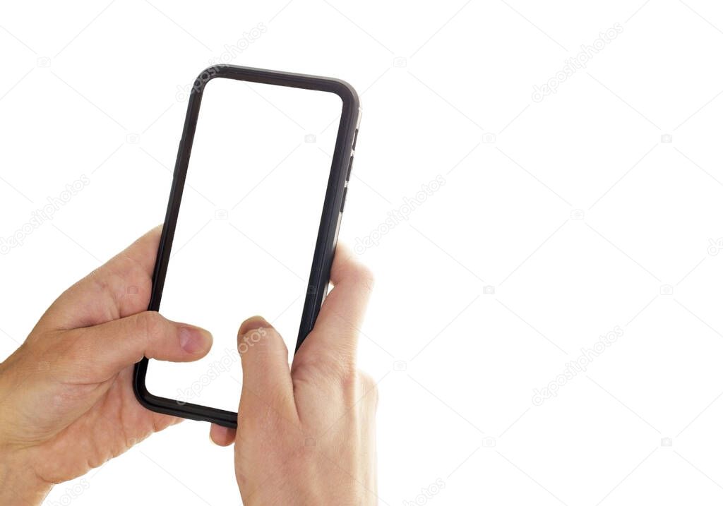 The layout of the phone. Hand touching smartphone on a white background, copy space