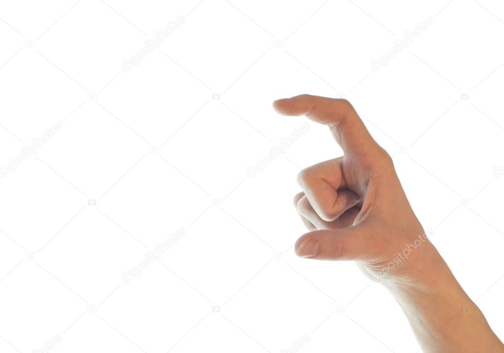 Female hand measuring invisible items, woman's palm making gesture while showing small amount of something on white isolated background, mockup