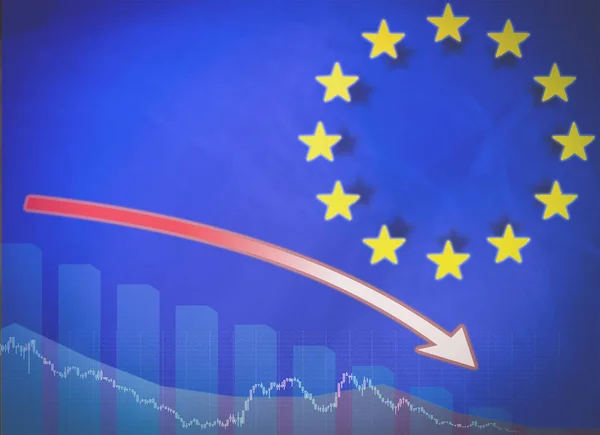在欧盟旗帜的背景下 下降的图表 财务指标下降的概念 利润减少 信息图表 贸易和金融市场的概念 — 图库照片