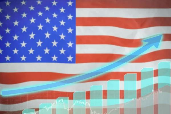 以美国国旗为背景的增长图表 增加财务指标的概念 利润增加 信息图表 美洲贸易和金融市场的概念 图库图片