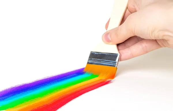 Hand Brush Draws Rainbow White Background — 스톡 사진