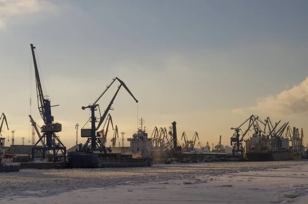 Werften Der Bucht Winter Kräne Trawler Und Schiffe Bei Sonnenuntergang — Stockfoto