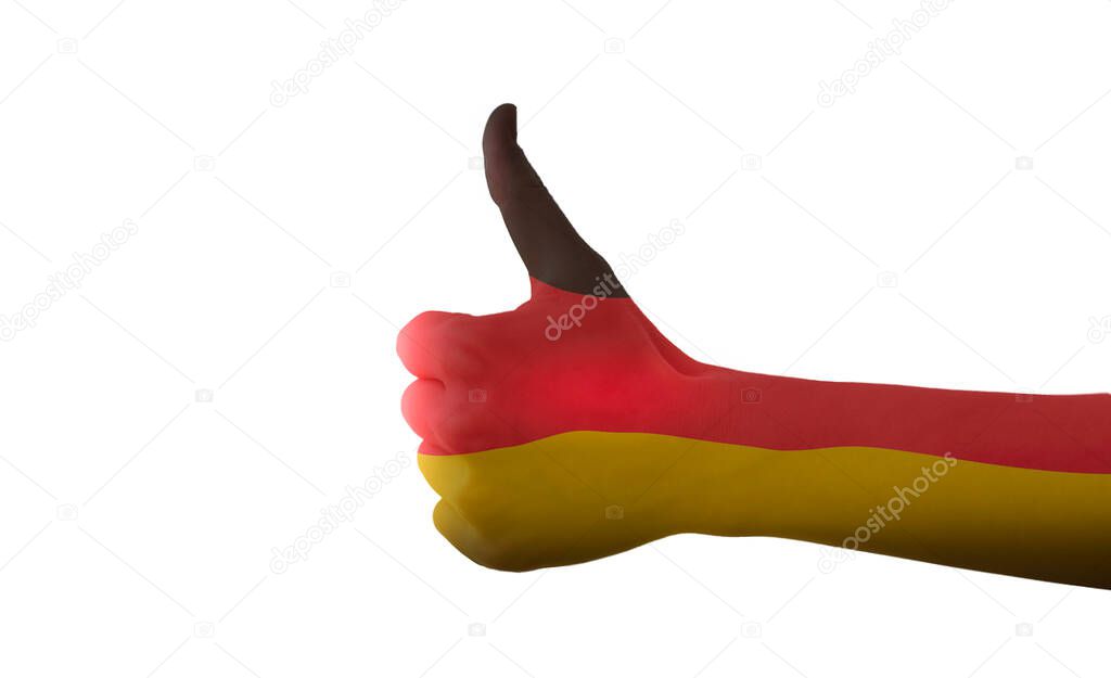 Hand with thumb up, Germany flag isolated on white background