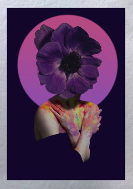 Koyu arkaplanda başı yerine çiçekli bir kadın portresi. Modern tasarım. Sürrealizm. Anemone çiçeği.