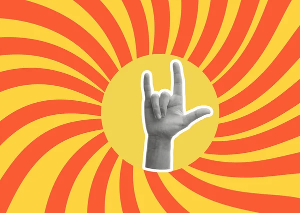 Styl Kolażu Artystycznego Koncepcja Kobieta Ręka Pokazać Rock Roll Znak — Zdjęcie stockowe