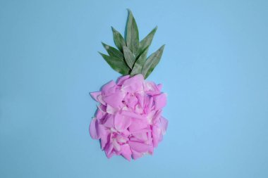 Mavi arka planda pembe yapraklardan yapılmış çam elması