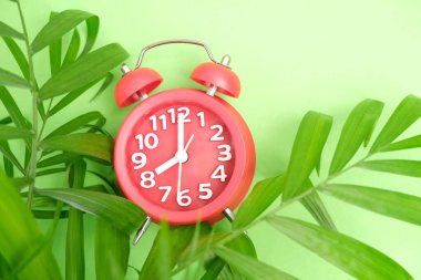 Çalar saat ve yeşil yapraklar arka planda.