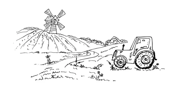 Διανυσματική Απεικόνιση Ζωγραφισμένου Στο Χέρι Σκίτσου Πεδίου Ανεμόμυλο — Διανυσματικό Αρχείο