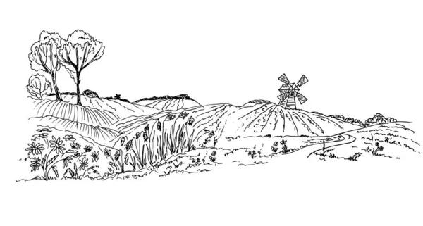 Векторная Иллюстрация Рисованного Вручную Эскиза Поля Ветряной Мельницей — стоковый вектор