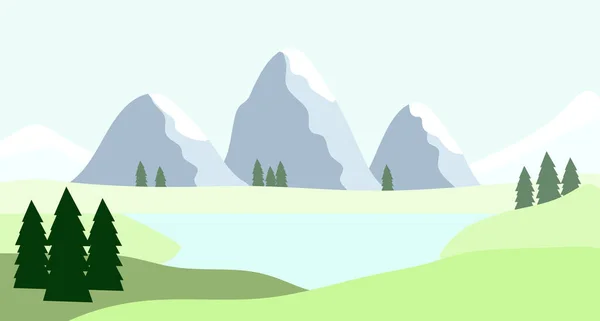 Krajina Horami Jezerem Stromy Vektorová Ilustrace — Stockový vektor